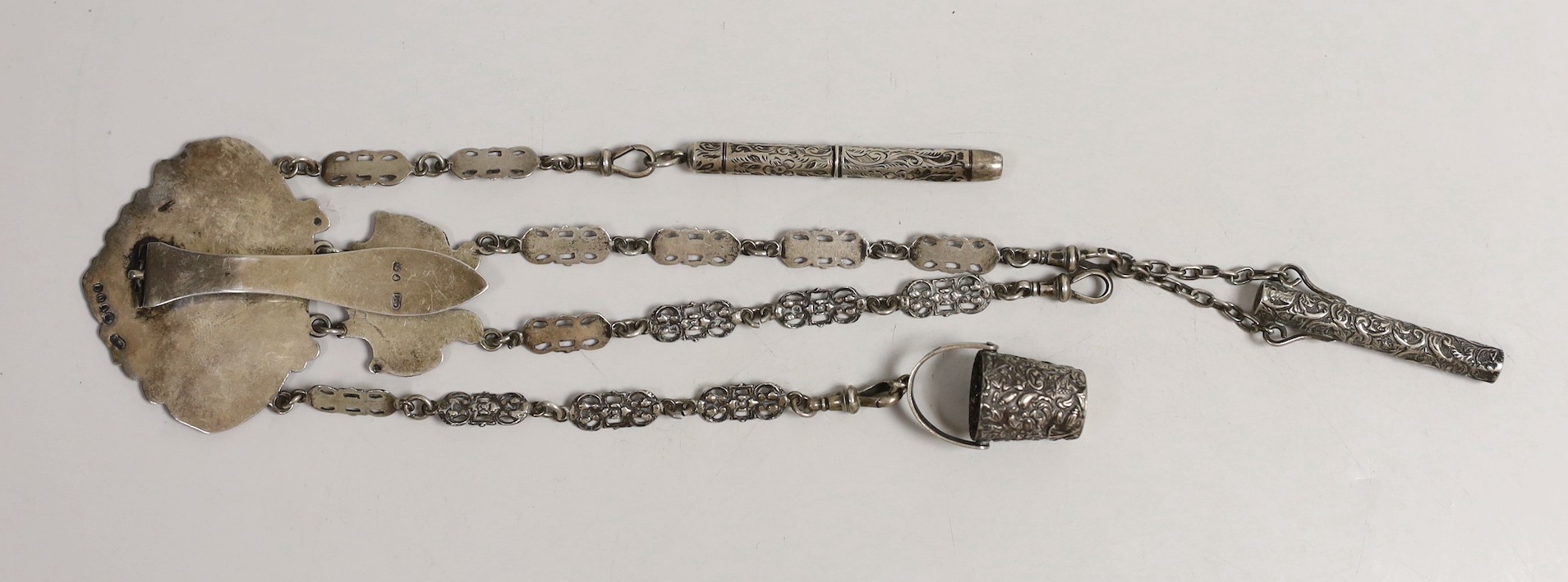 A Victorian silver chatelaine with three (ex 4) accessories, Miller Brothers, London, 1889, 29.2cm.